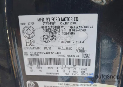 2010 Ford F-150 Fx4/Harley-Davidson/King Ranch/Lariat/Platinum/Xl/Xlt из США, поврежденный, VIN 1FTFW1EV4AFA10497